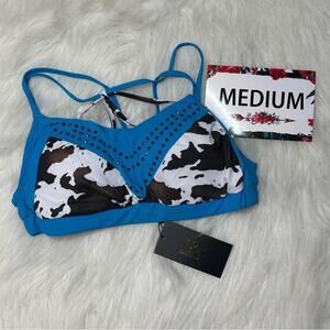 L&B Medium Cow print and blue rhinestone detailed sports bra